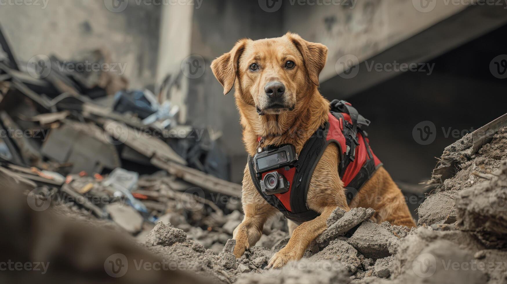 heroic rescue dog searches through earthquake rubble, showcasing bravery and determination in critical mission to save lives. photo