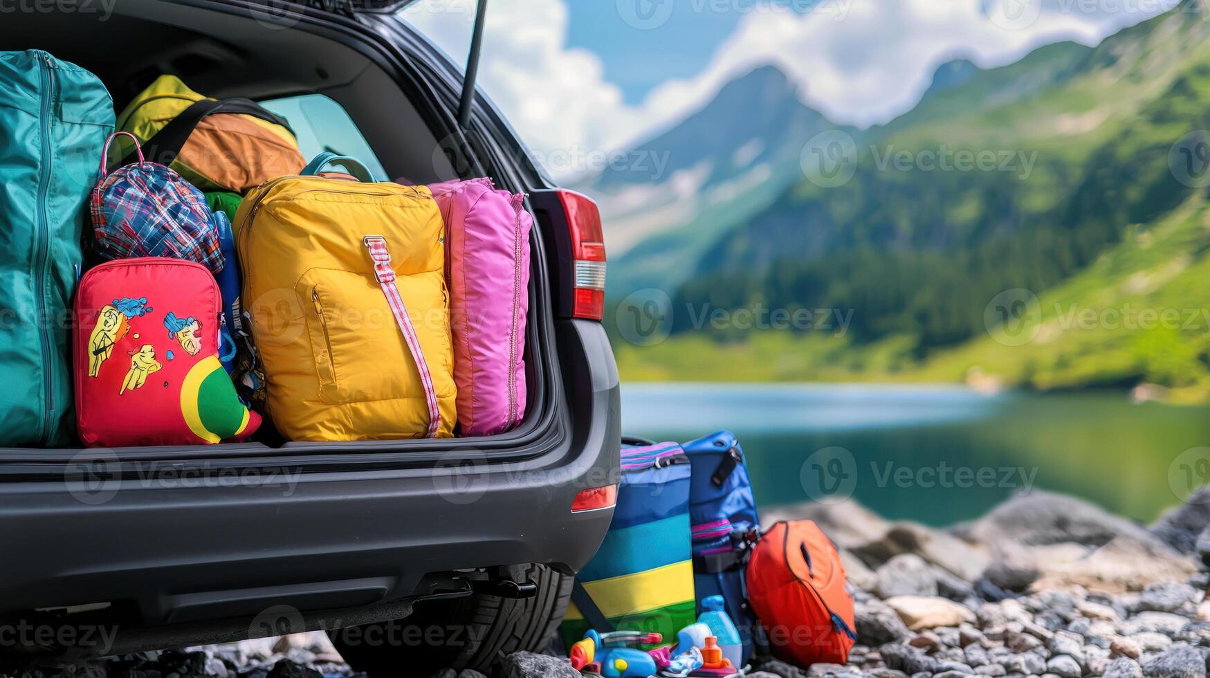 car trunk packed with colorful luggage, toys, and hiking gear, set against scenic lake and mountain backdrop photo