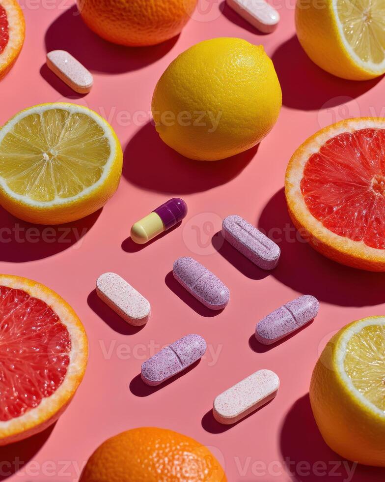 Vibrant flat lay of citrus fruits and vitamins on pink background, promoting health and wellness photo