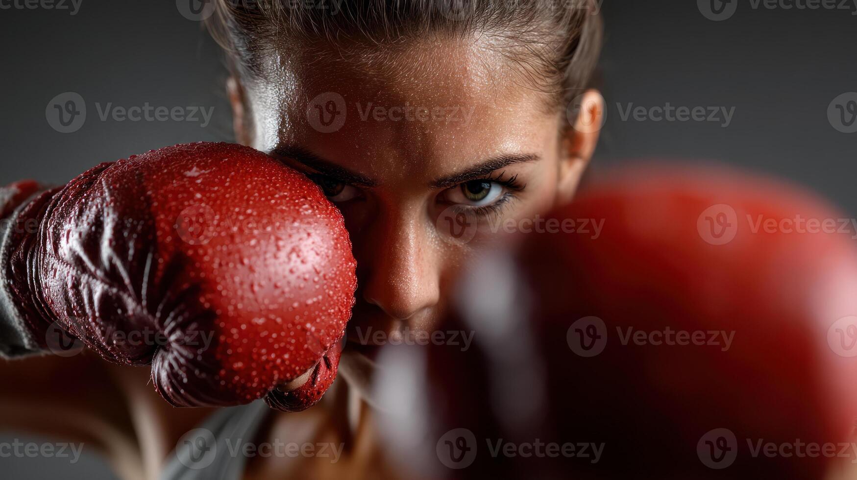 determined female boxer with red gloves focuses intensely during fitness training session, showcasing strength and dedication photo