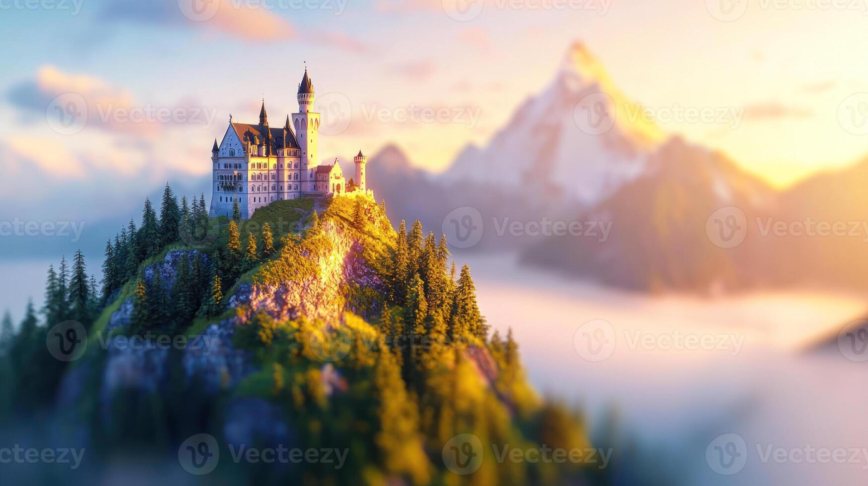 majestic castle perched on sunlit mountain ledge, surrounded by misty alpine scenery and vibrant greenery photo