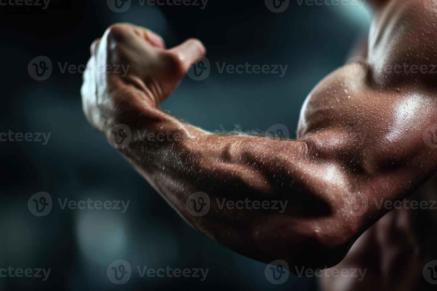 muscular arm flexing with visible veins and sweat, showcasing strength and fitness in gym environment photo