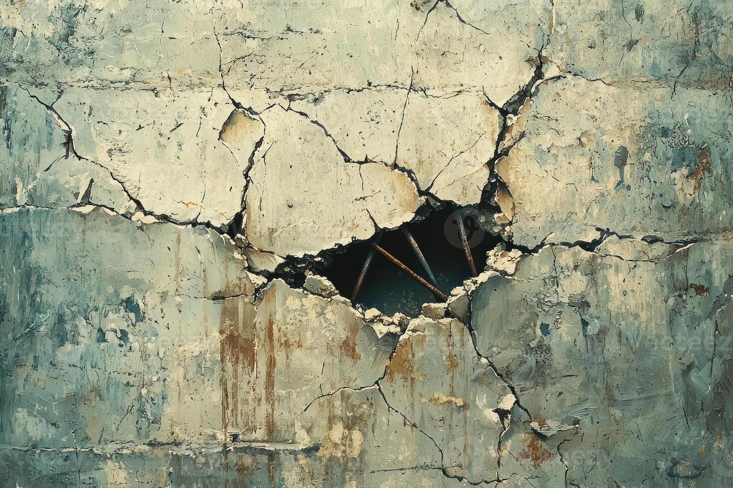cracked concrete wall with exposed rebar, symbolizing aftermath of earthquake and need for rescue efforts photo