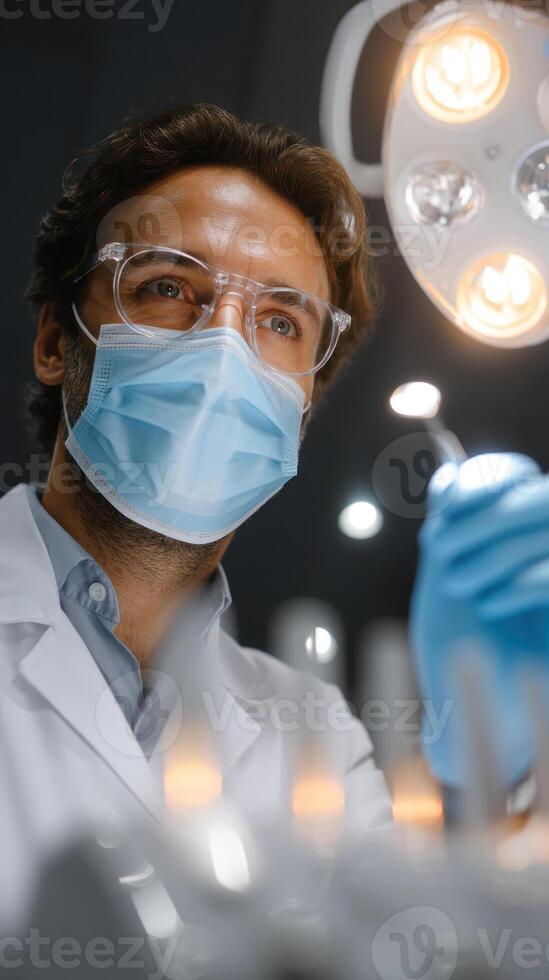 healthcare professional in lab coat and mask examines dental tools under bright lights, showcasing dedication to patient care photo