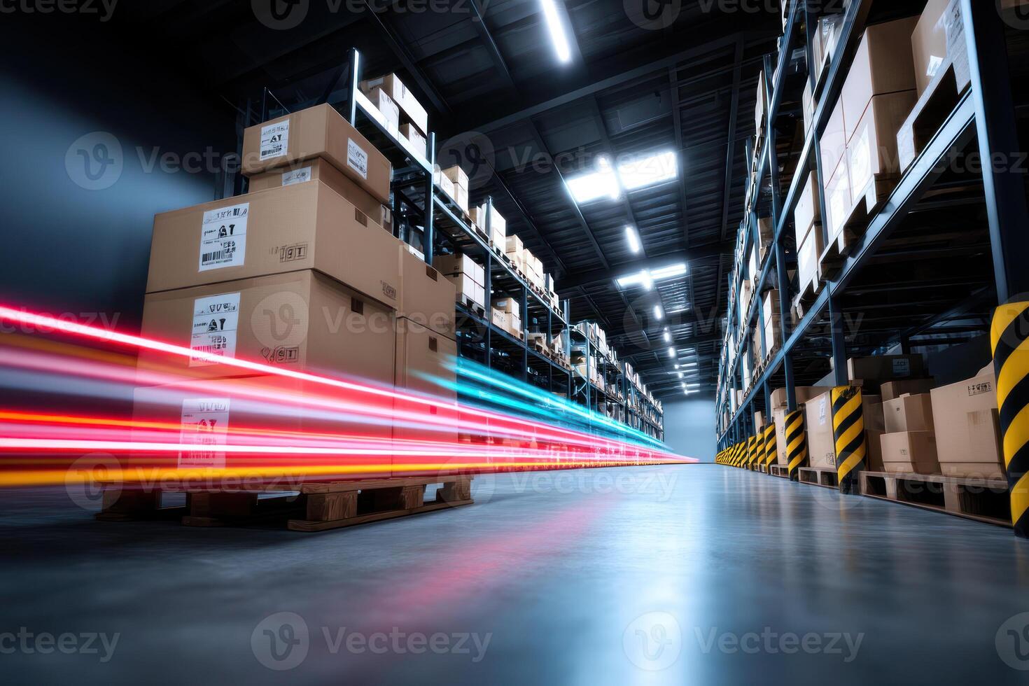 Efficient warehouse scene with stacked boxes and vibrant light trails, showcasing dynamic logistics and storage environment photo