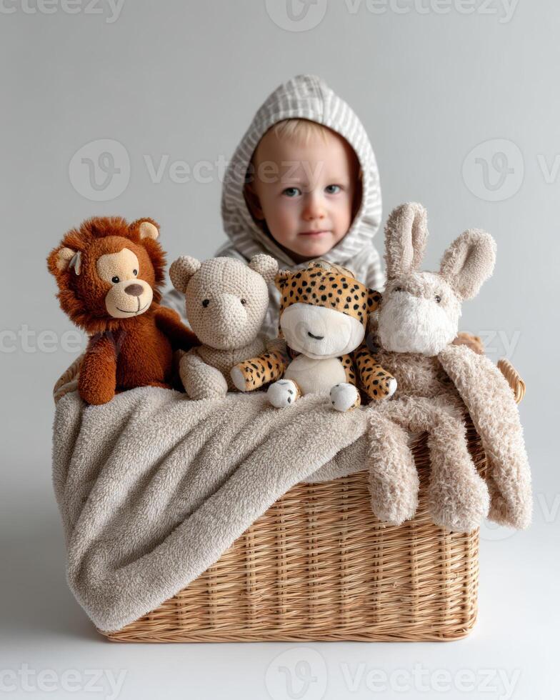 baby sitting in wicker basket with blankets and stuffed animals, wearing hooded outfit, on white background photo