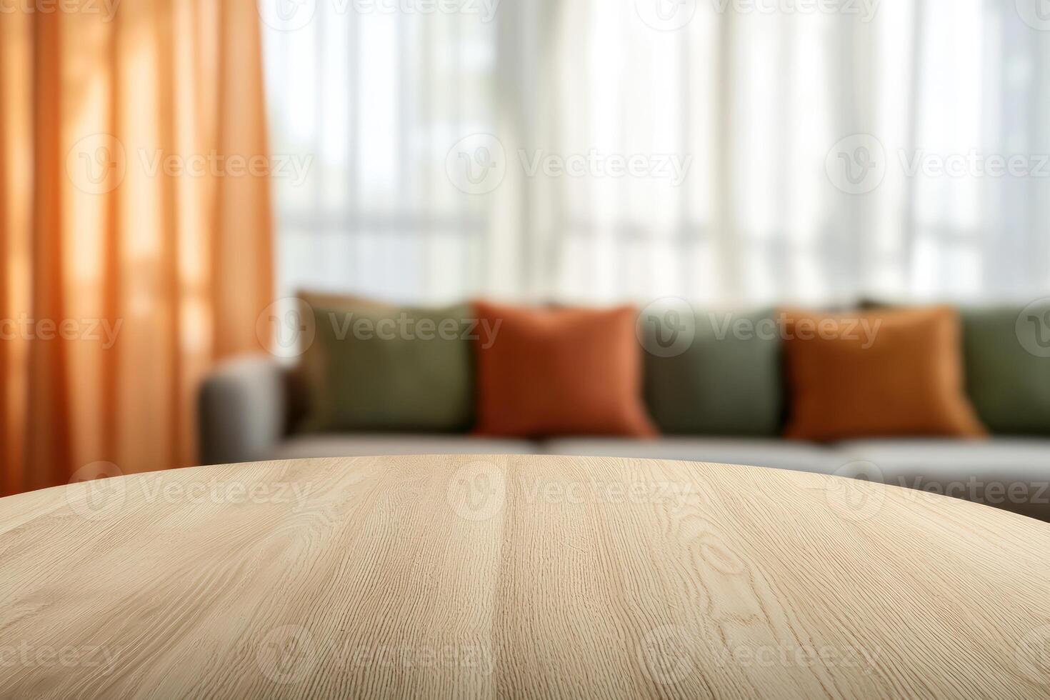 Empty wooden tabletop in foreground with softly blurred Scandinavian style living room in pastel tones and natural lighting.. photo