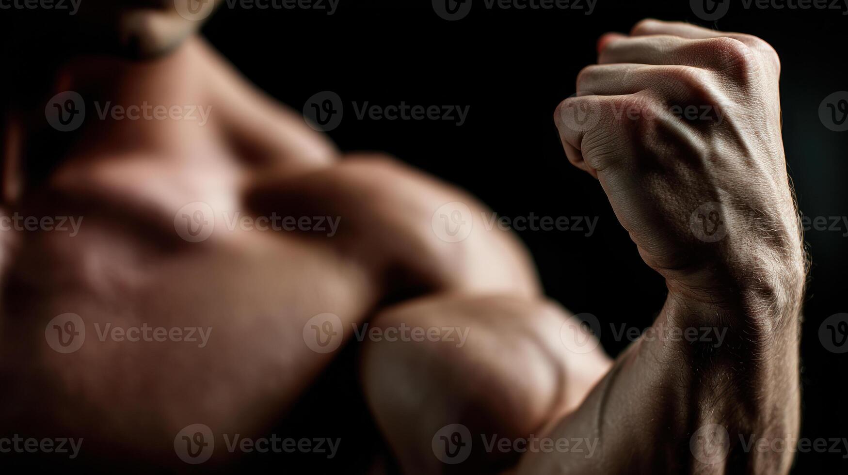 muscular arm flexing in dark background, showcasing strength and fitness with defined veins and toned muscles photo