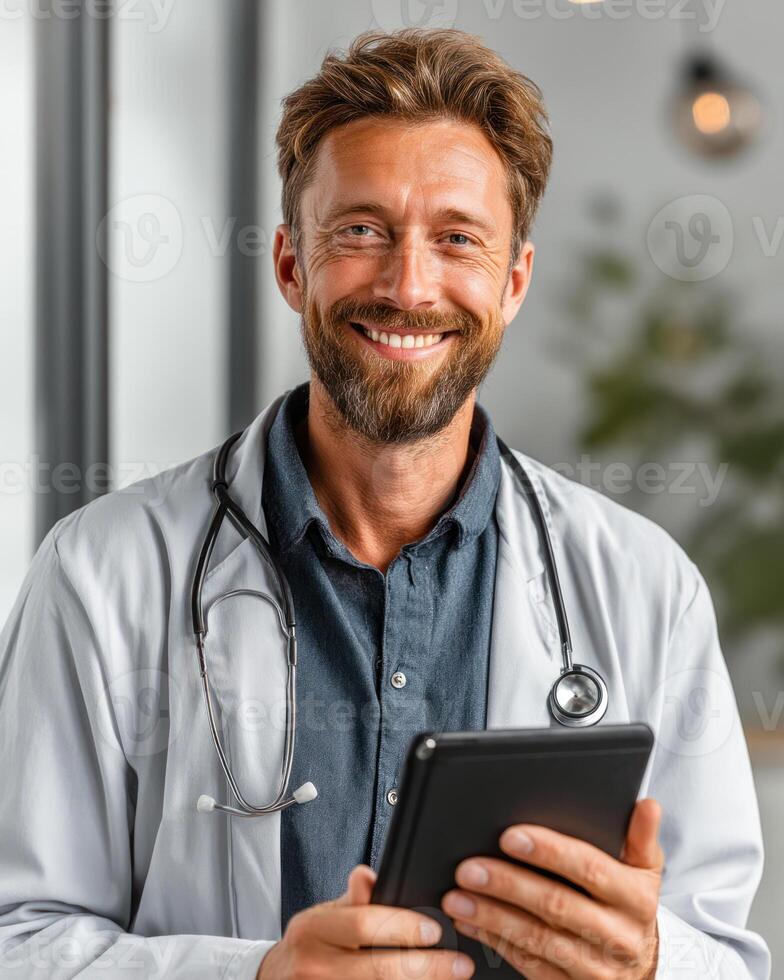 healthcare professional smiles confidently while holding tablet in modern clinic setting photo