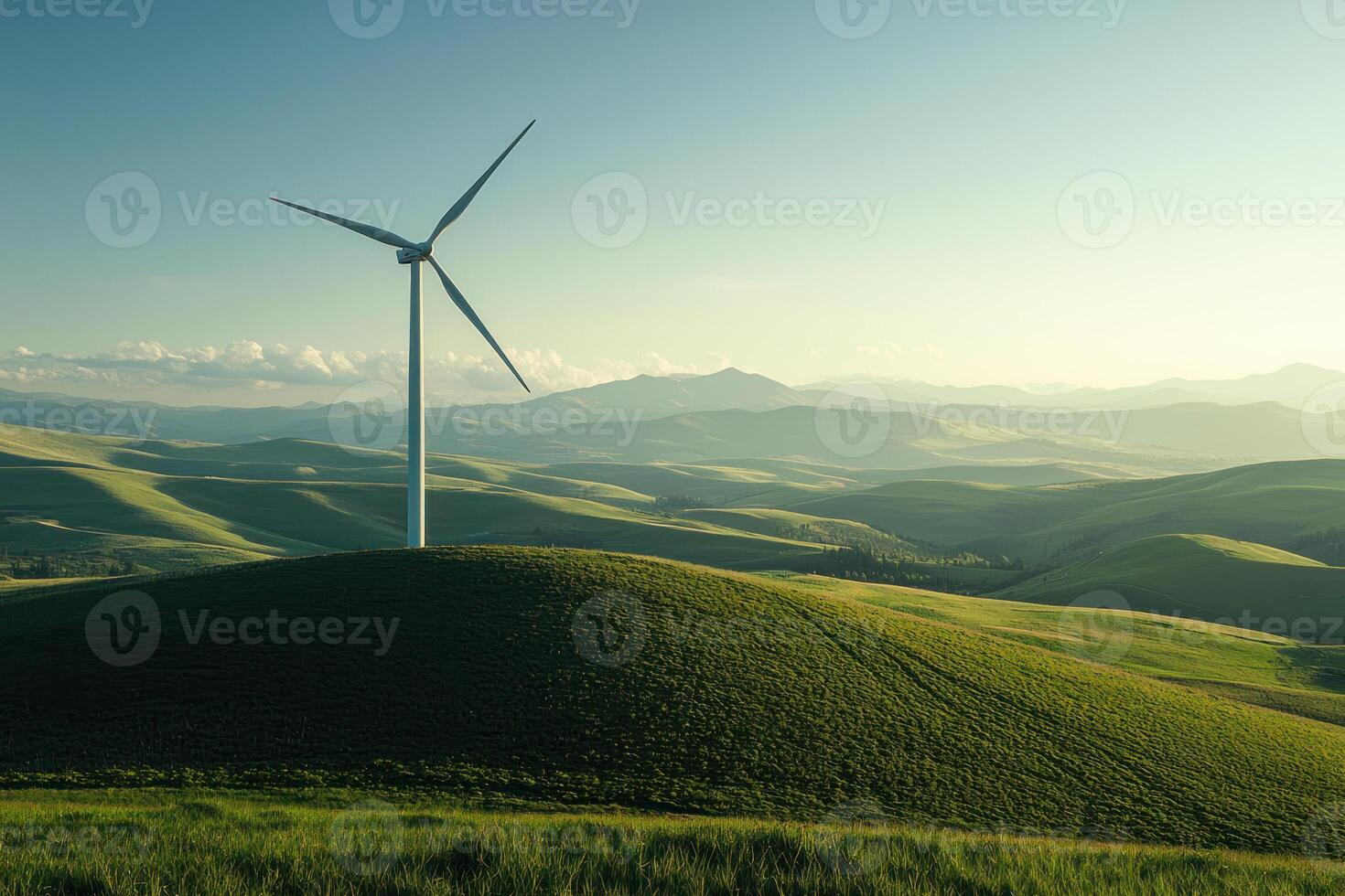 wind turbine stands tall on lush green hill, harnessing renewable energy against backdrop of rolling hills and distant mountains under serene sky photo