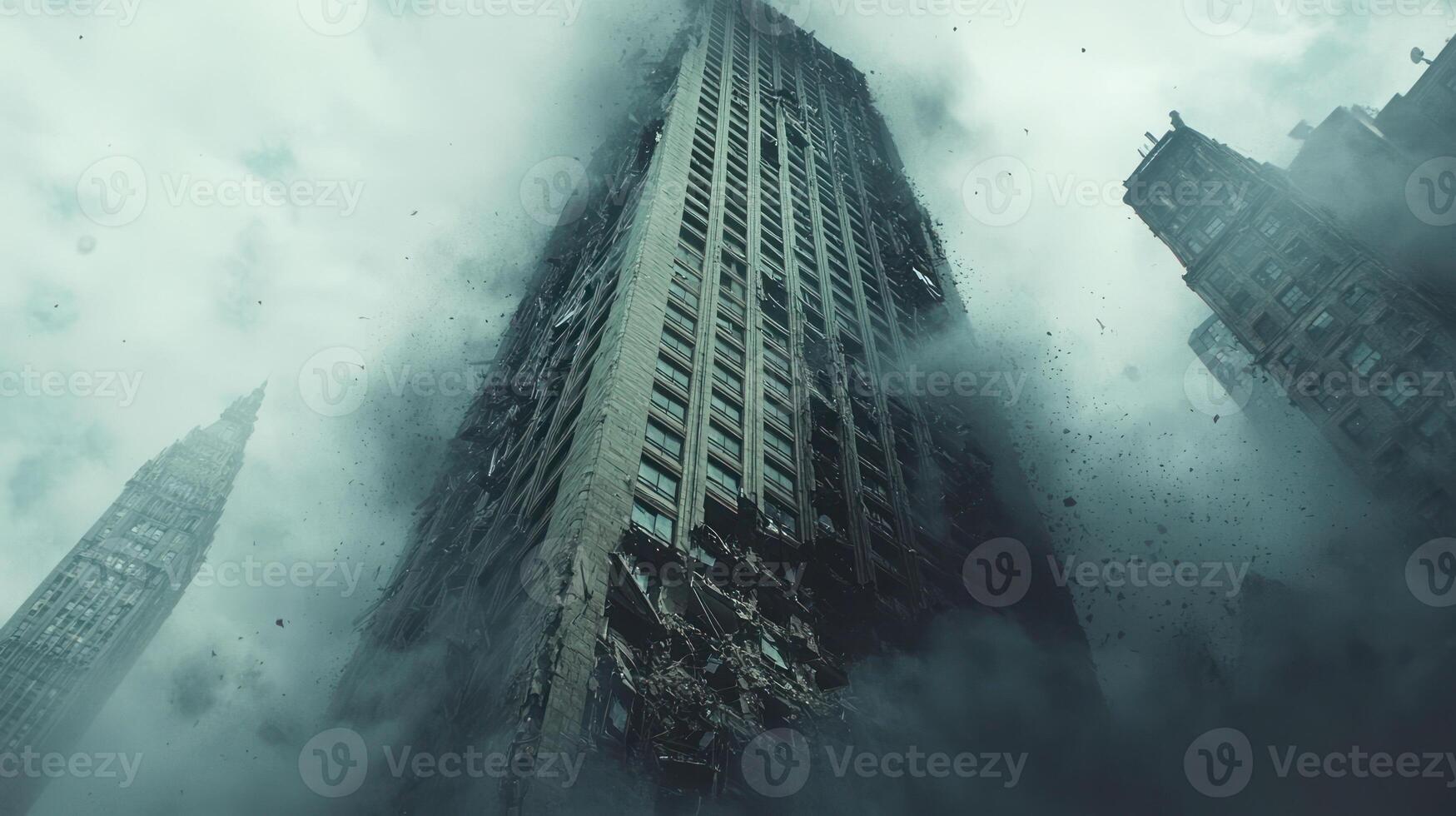 tall building partially collapsed amidst heavy dust and debris, symbolizing aftermath of earthquake. scene conveys urgency and chaos photo