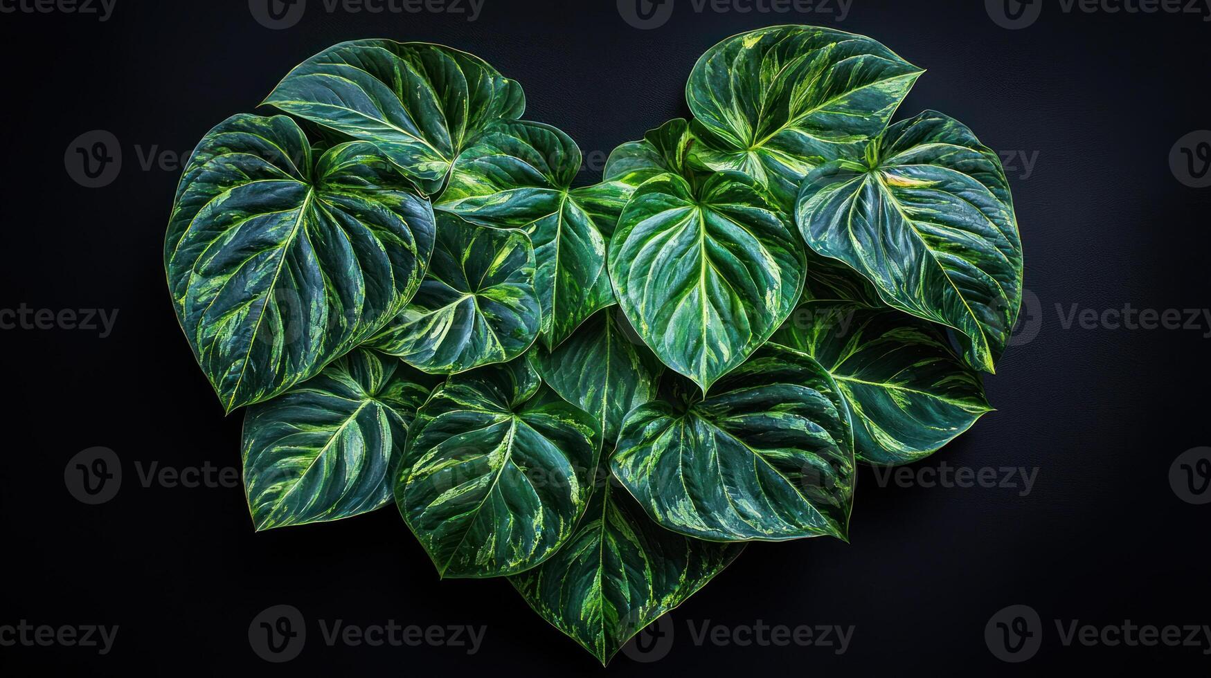 heart shaped arrangement of vibrant green, glossy philodendron leaves with intricate patterns, set against dark background, evokes sense photo