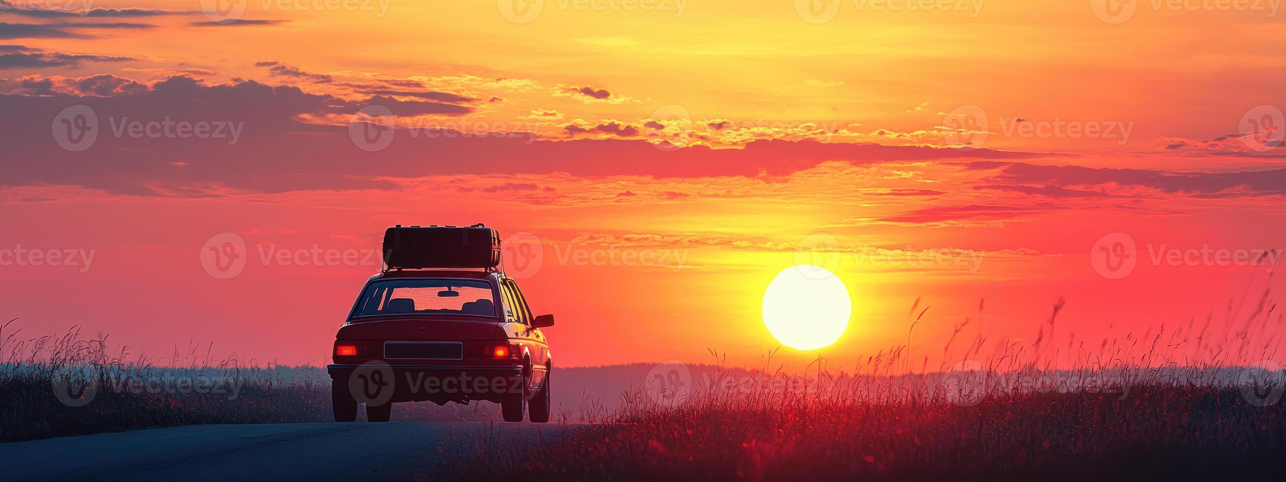 car drives into vibrant summer sunset with suitcase strapped on roof, evoking sense of adventure and freedom photo