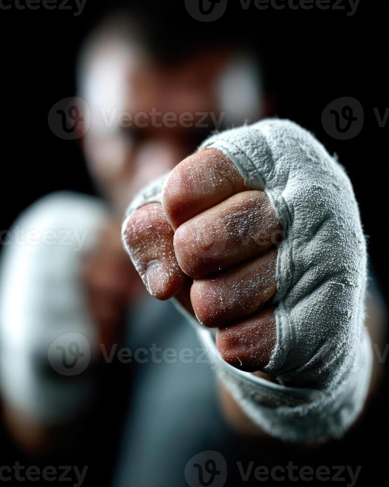 close up of wrapped fist in boxing stance, symbolizing strength, fitness, and determination in dark background photo