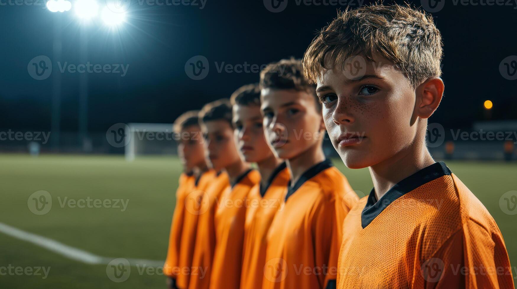 Youth soccer team standing in disciplined row on brightly lit artificial turf field, focused expressions under stadium lights at night photo