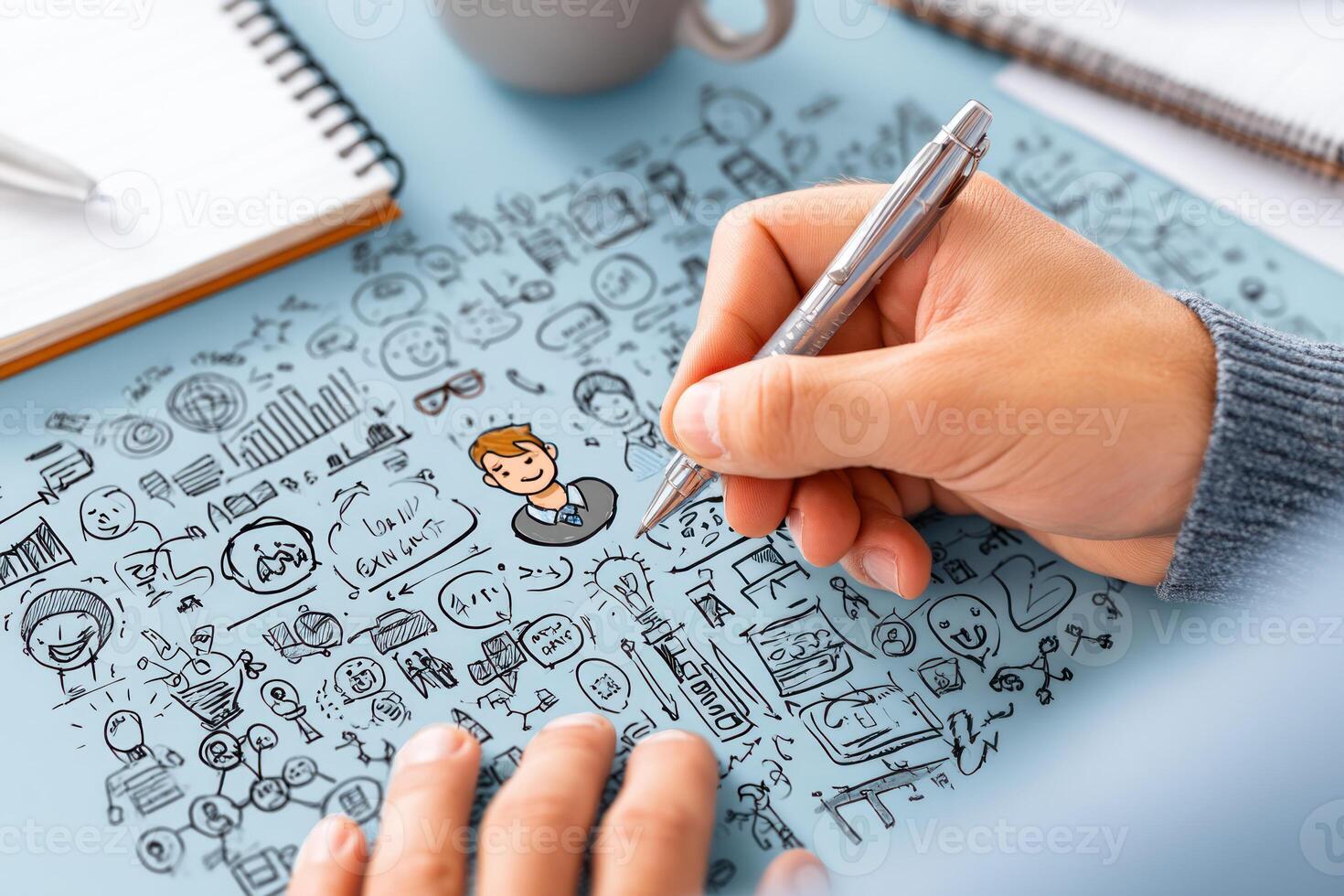 person sketching creative ideas on blue desk with pen, surrounded by doodles of icons, charts, and symbols of growth photo