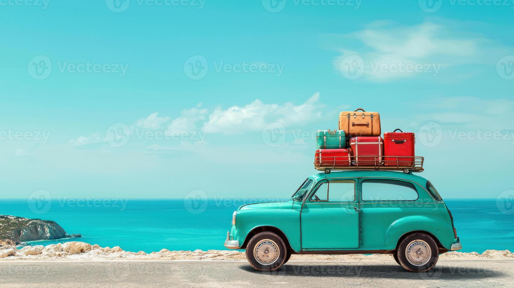 vibrant summer road trip scene featuring retro car with roof rack loaded with suitcases and travel bags parked by scenic. photo