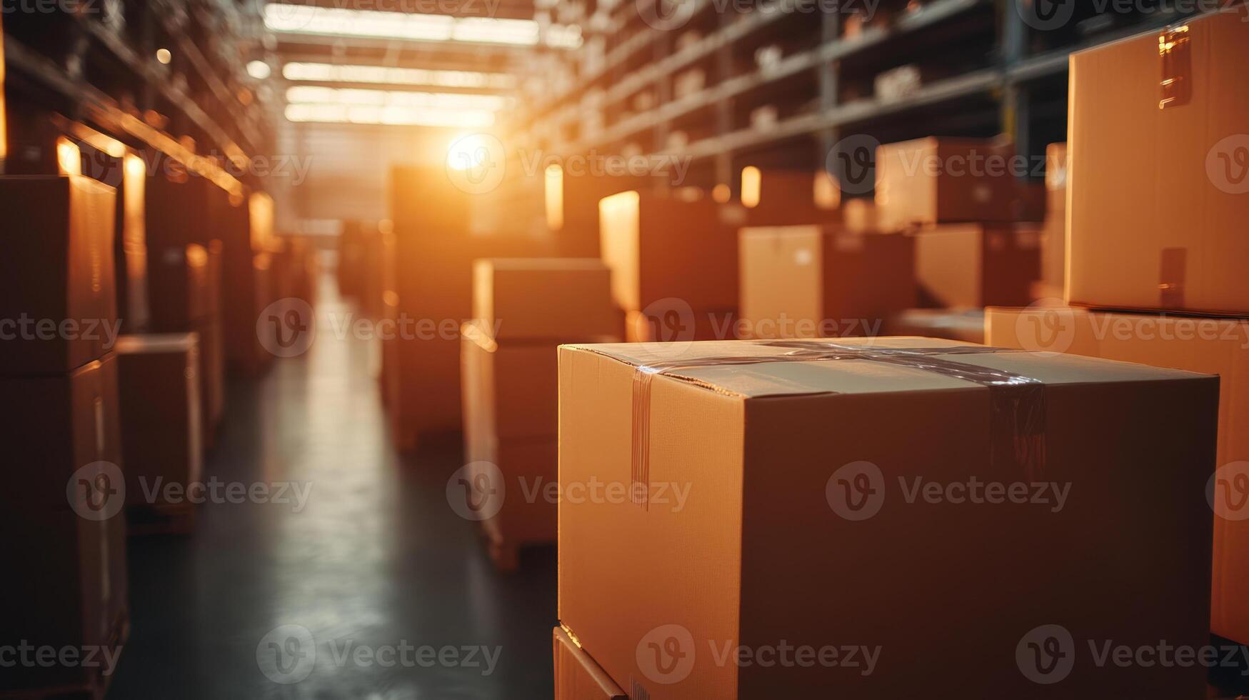 Boxes stacked in warehouse aisle with sunlight streaming through, creating warm and soft glow photo