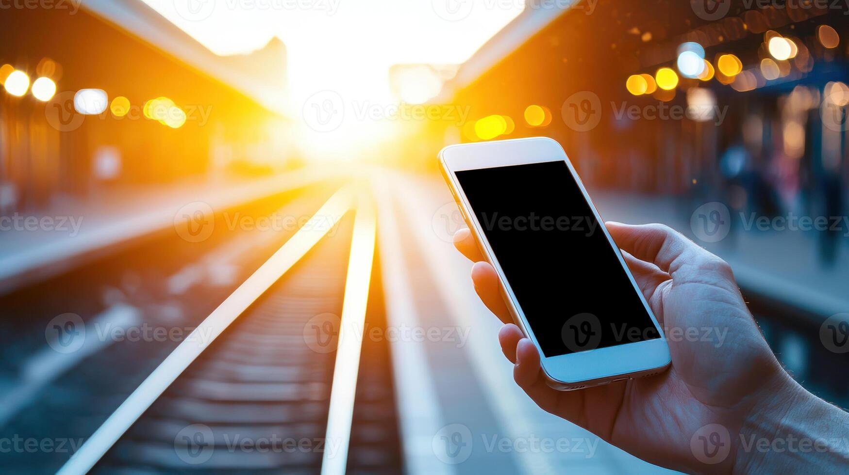 close up of hand holding smartphone at railway station with train tracks and golden sunlight in background photo