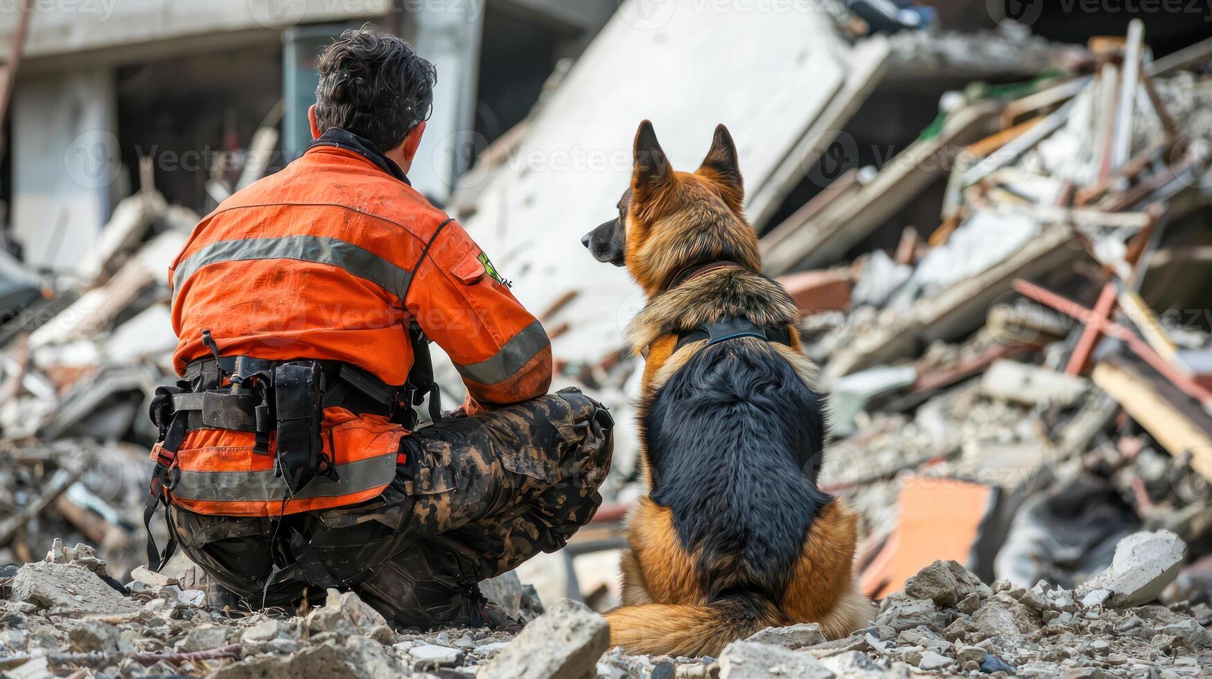 rescue worker and heroic search dog sit amidst earthquake rubble, showcasing teamwork and determination in disaster recovery efforts photo