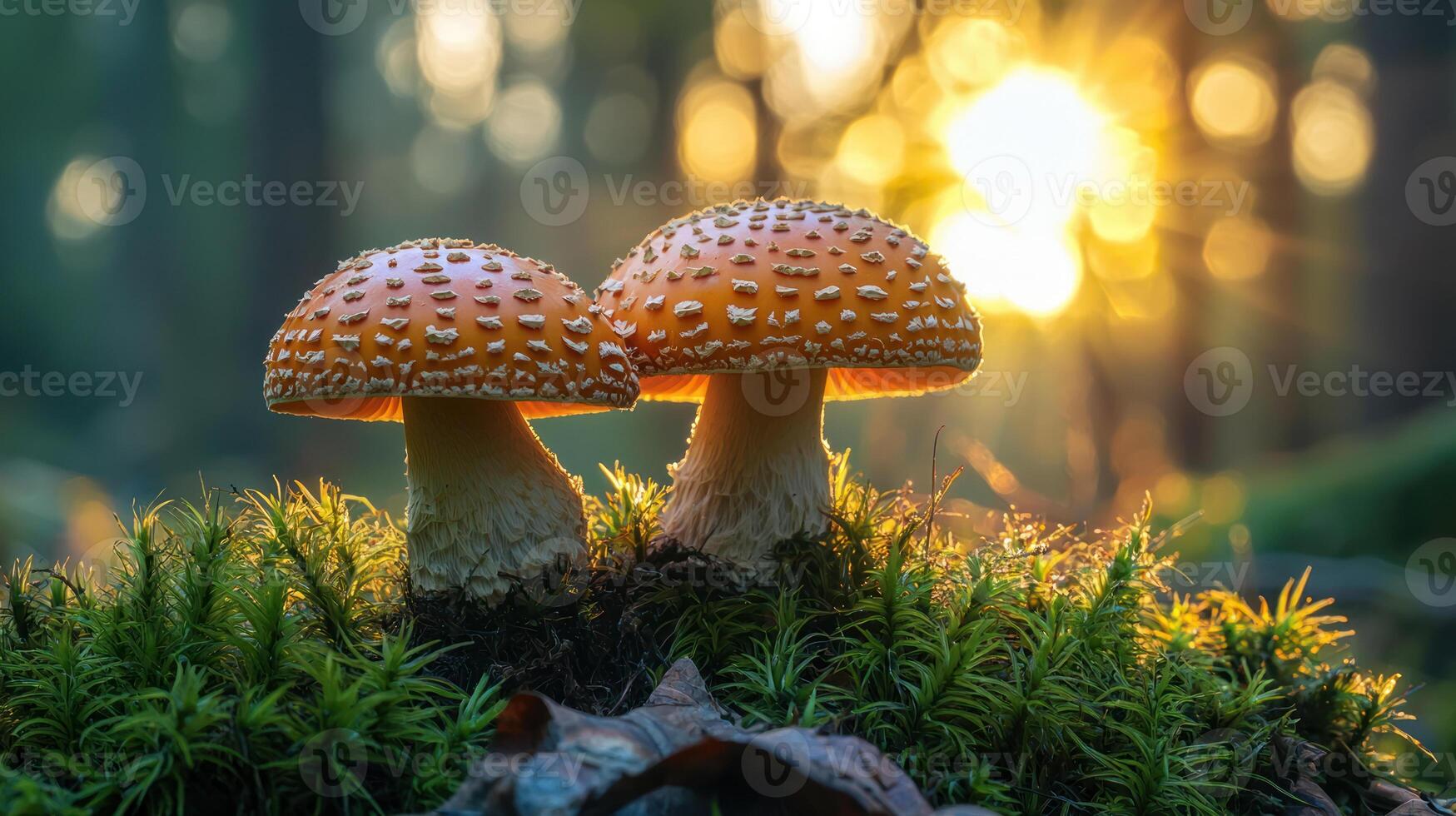 Two vibrant red mushrooms with white spots stand on lush bed of moss in serene forest, illuminated by warm glow of setting sun photo