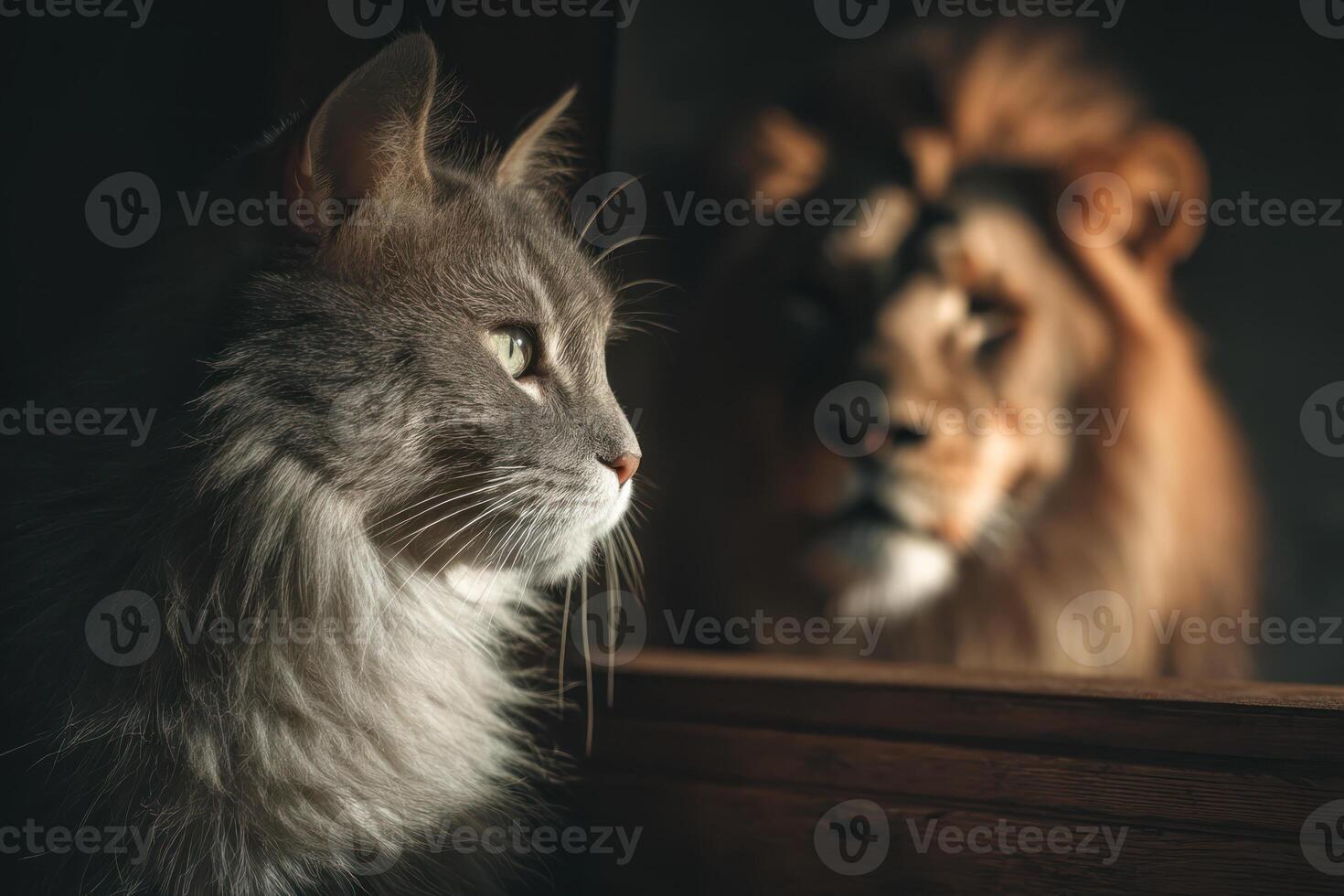 fluffy gray cat gazes at its reflection, which appears as lion, symbolizing inner strength and confidence photo