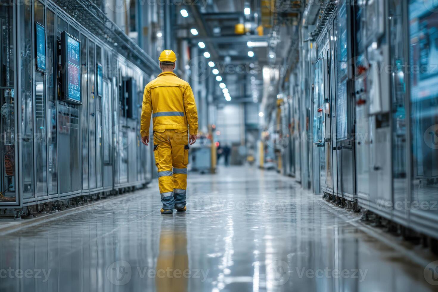 worker in yellow uniform walking through modern factory corridor with advanced machinery and digital displays photo