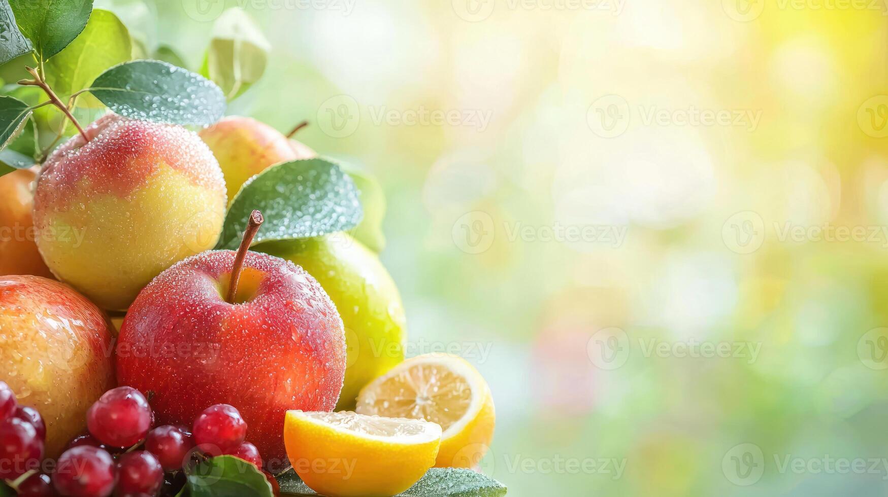 Fresh apples, grapes, and lemon slices glistening with dew, symbolizing health and well being in vibrant natural setting photo