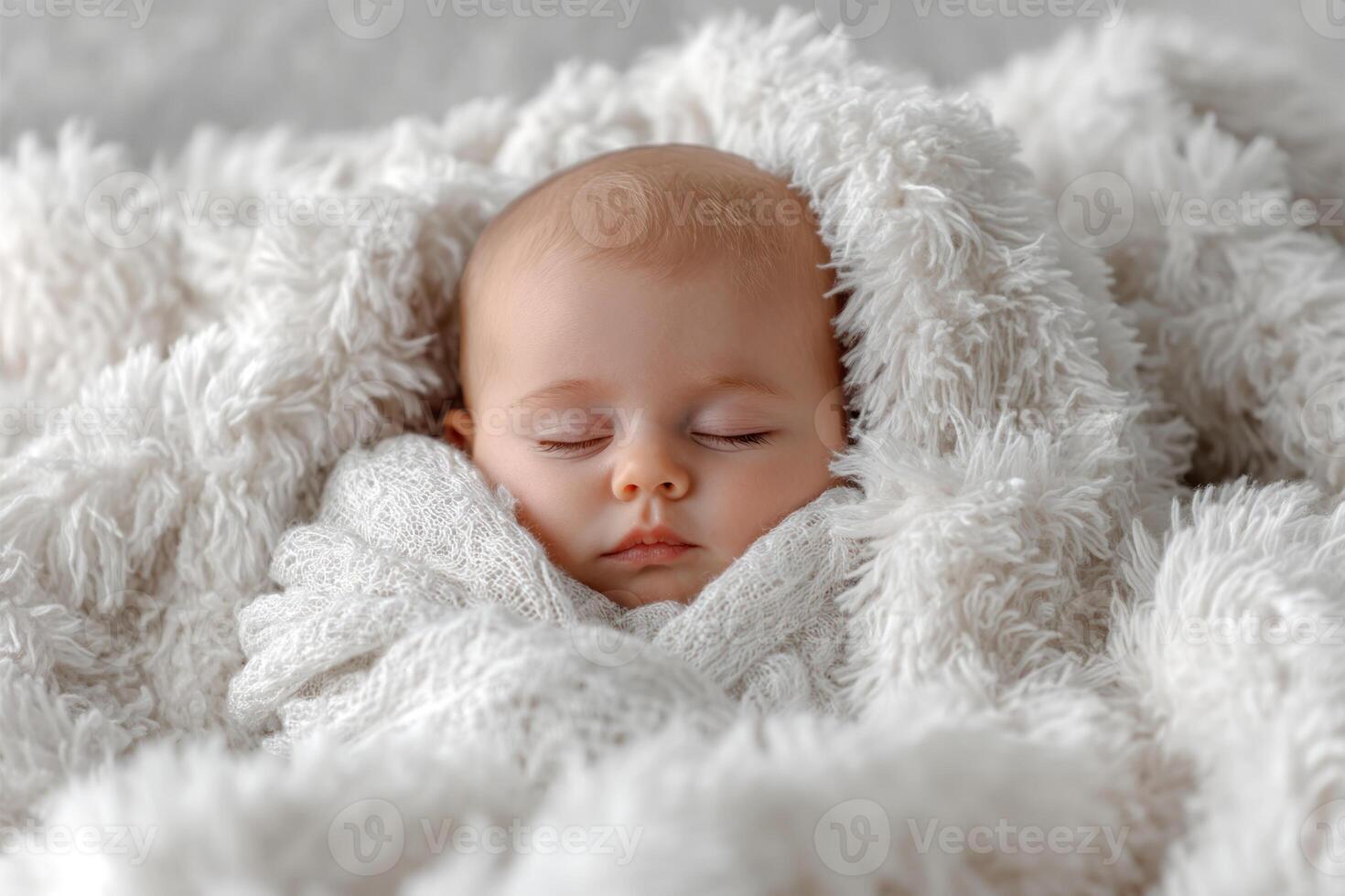 Baby sleeping peacefully wrapped in soft white blanket, creating serene and cozy atmosphere photo