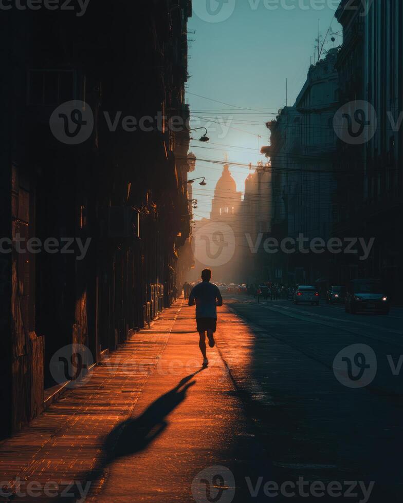 person jogging through city street at sunrise, casting long shadow, with historic buildings and serene atmosphere photo