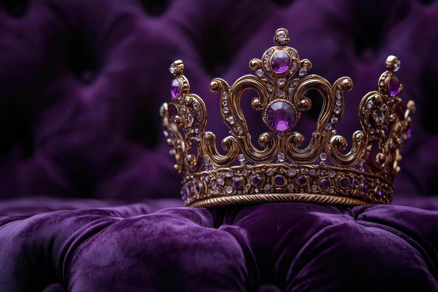 ornate golden crown adorned with purple gemstones rests elegantly on luxurious purple velvet surface, exuding royalty photo