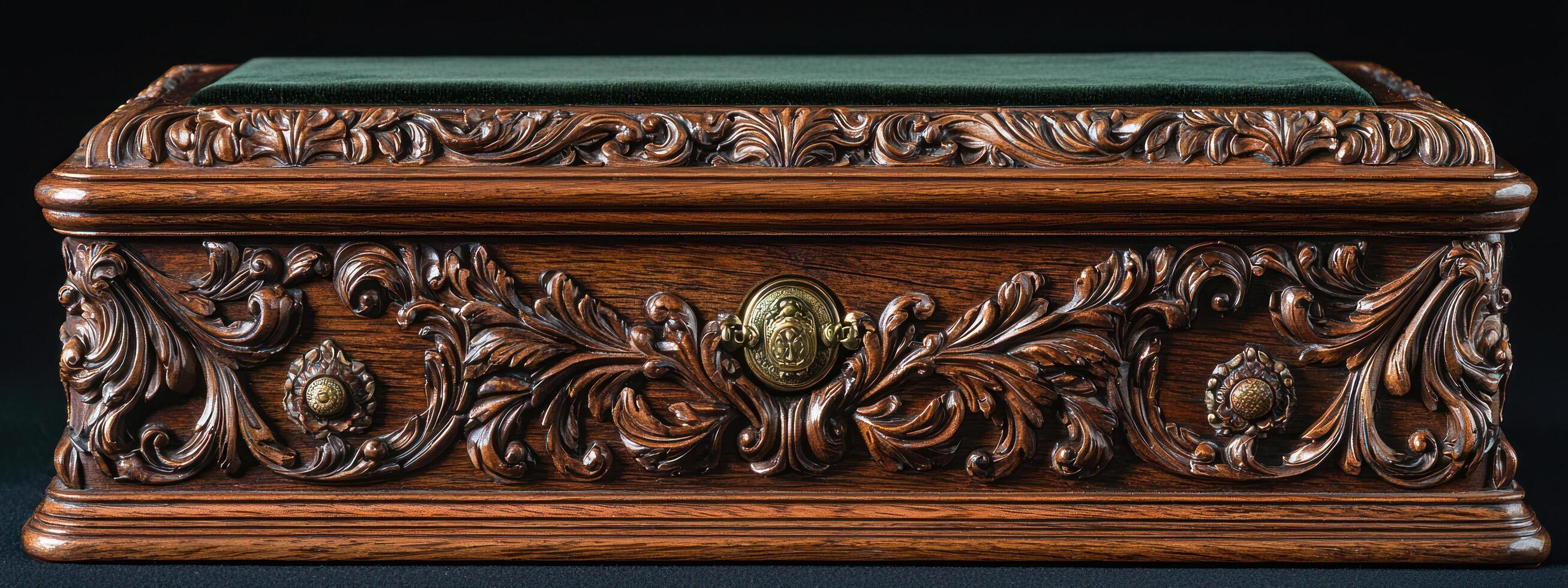 ornate wooden box with intricate floral carvings and brass accents, featuring green velvet top for elegant touch photo