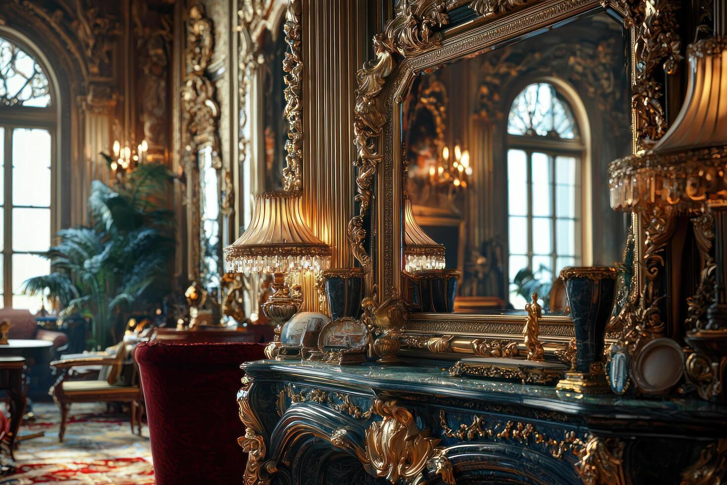 ornate interior with golden accents, intricate carvings, and luxurious decor, featuring grand mirror, elegant lamps photo
