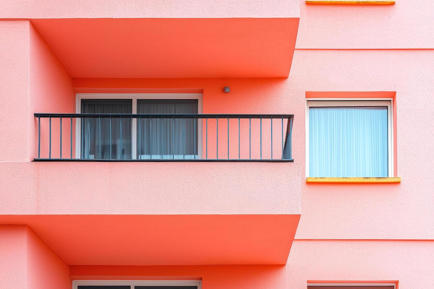 modern building facade with minimalist bauhaus design, featuring vibrant coral color, balcony, and clean geometric lines photo