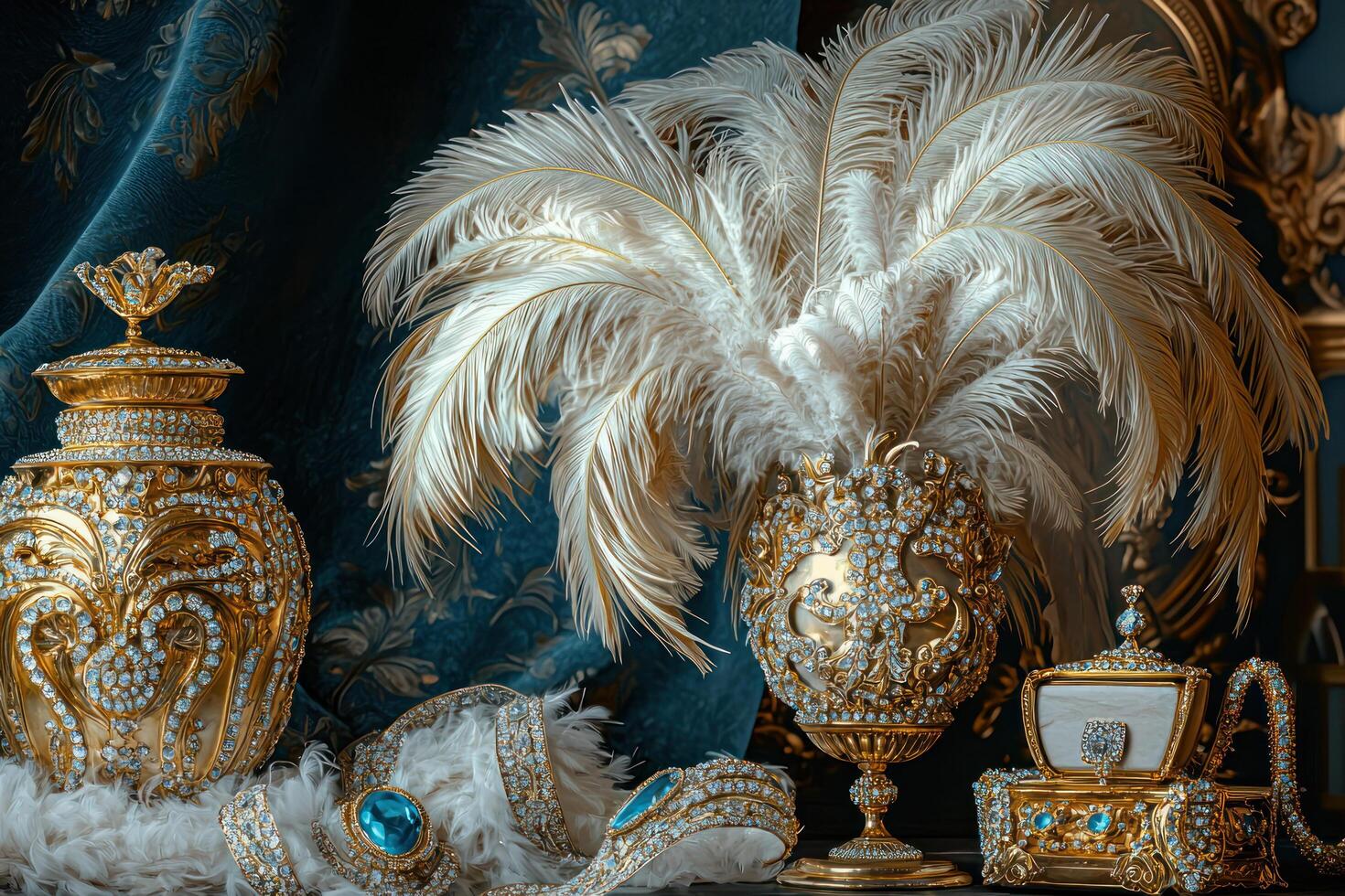 ornate arrangement of gold and jeweled decor, featuring feathers, intricate vases, and luxurious accessories rich fabric photo