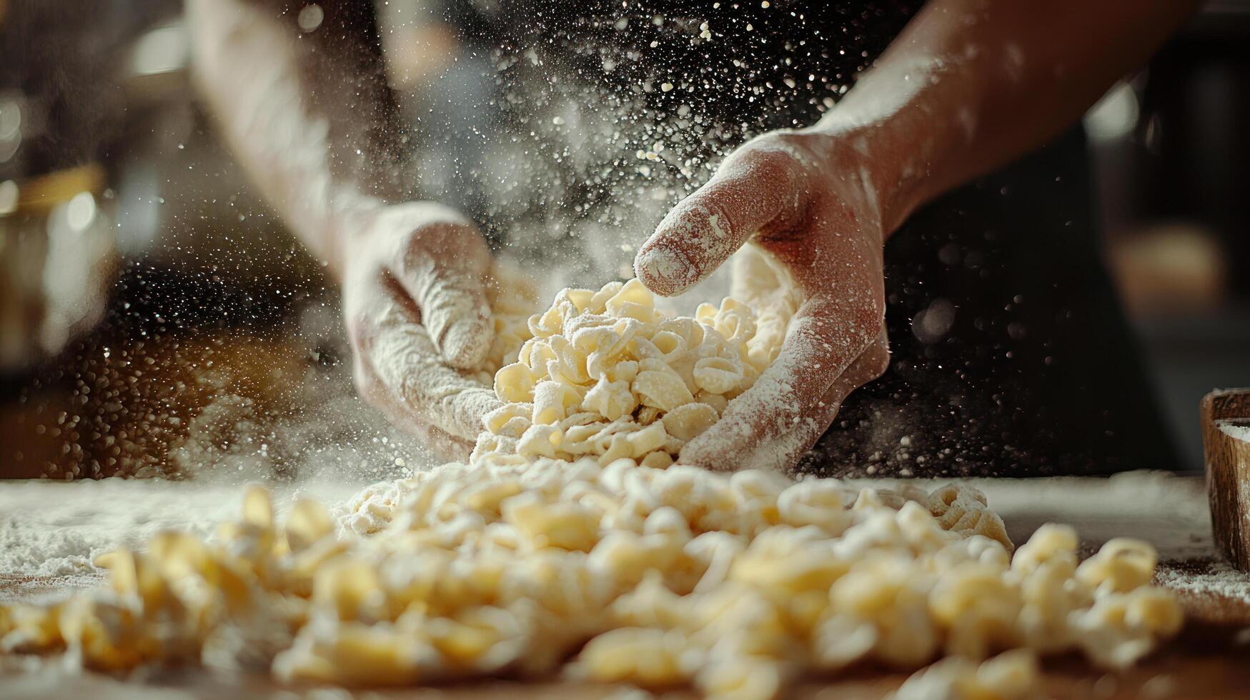 Handcrafted gnocchi being prepared on floured surface, showcasing artisanal cooking with rustic and authentic touch, evoking warmth and tradition photo