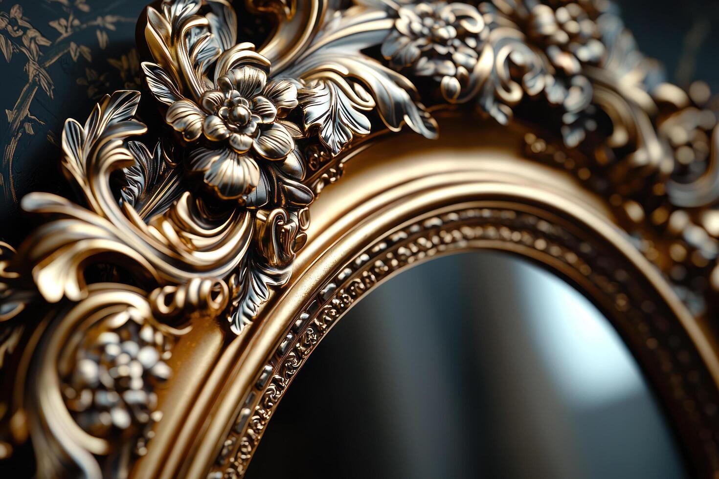 ornate golden mirror frame with intricate floral carvings, reflecting elegance and luxury in classic interior setting photo