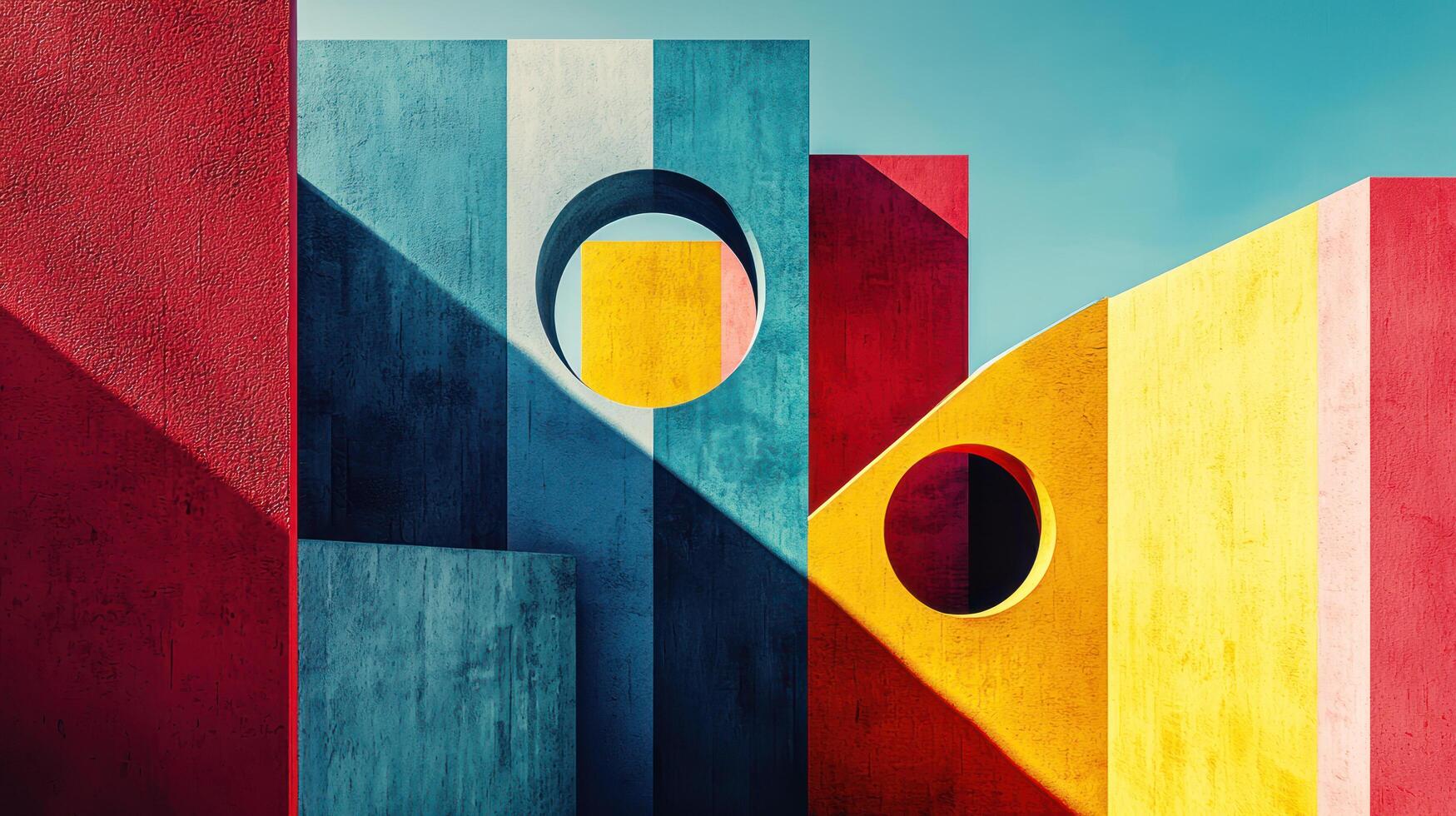 Colorful geometric architecture inspired by Bauhaus design, featuring bold shapes, vibrant hues, and dynamic shadows clear photo
