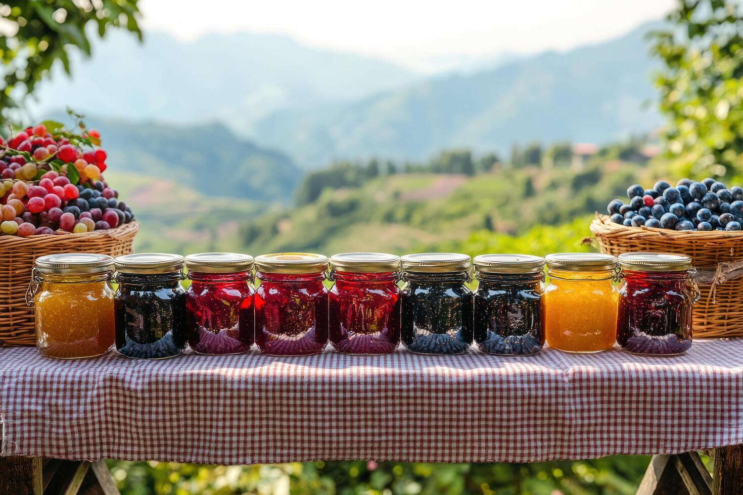 row of artisanal fruit jams in glass jars is displayed on checkered tablecloth, surrounded by fresh berries in baskets, with scenic mountain view photo