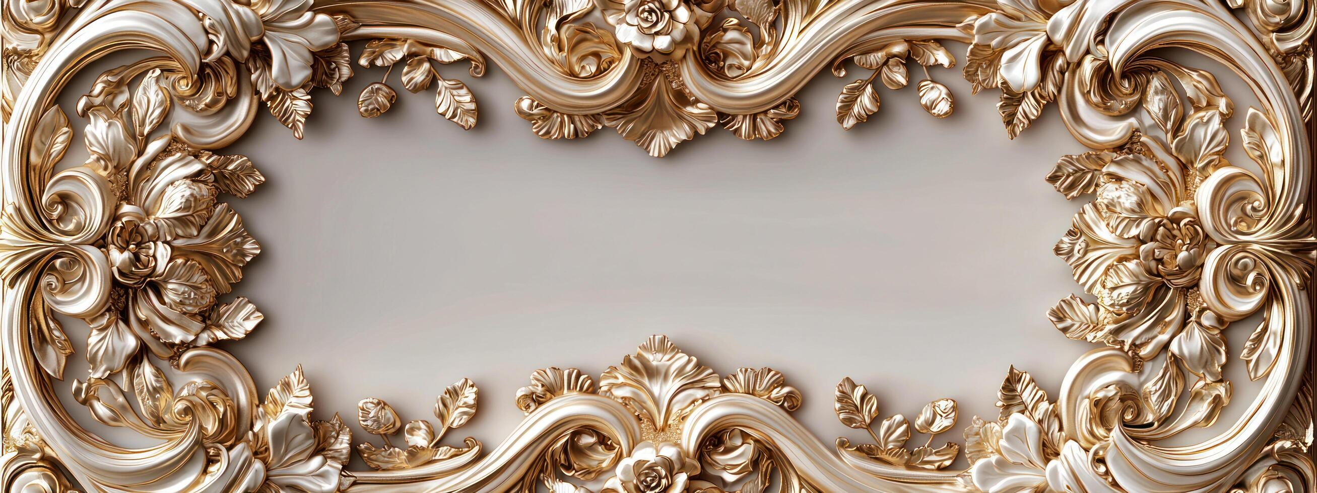 Ornate golden floral frame with intricate swirls and roses on neutral background, exuding elegance and sophistication photo