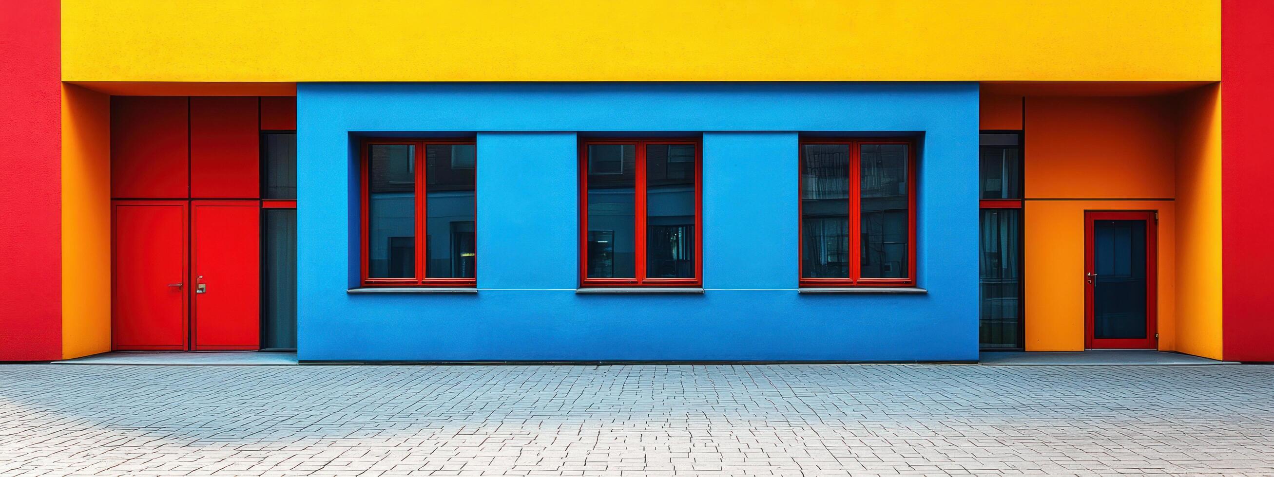 vibrant Bauhaus inspired building facade with bold geometric shapes and primary colors of red, blue, and yellow photo