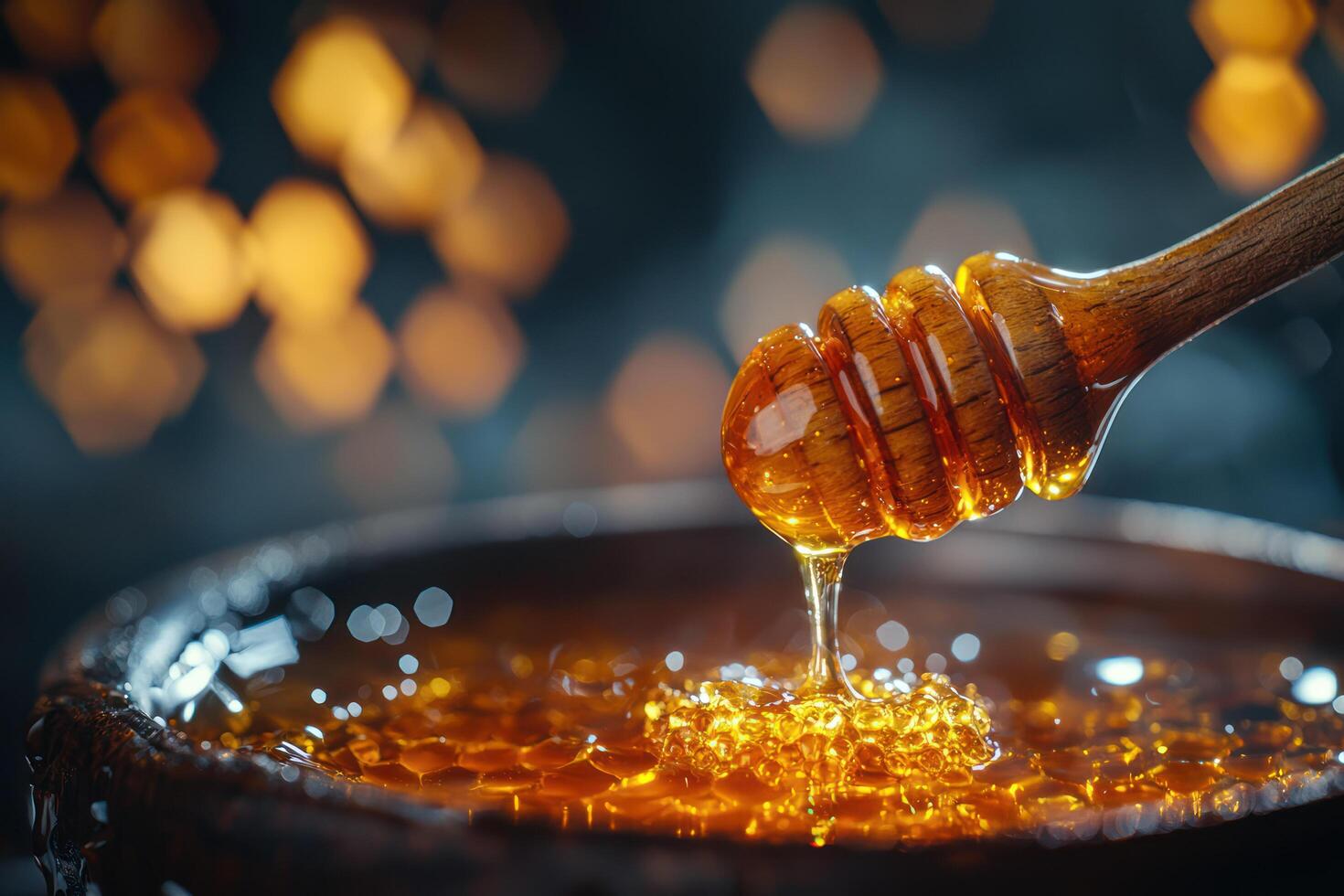 wooden honey dipper drizzles golden, artisanal honey into rustic bowl, creating rich, natural texture with warm, glowing background photo