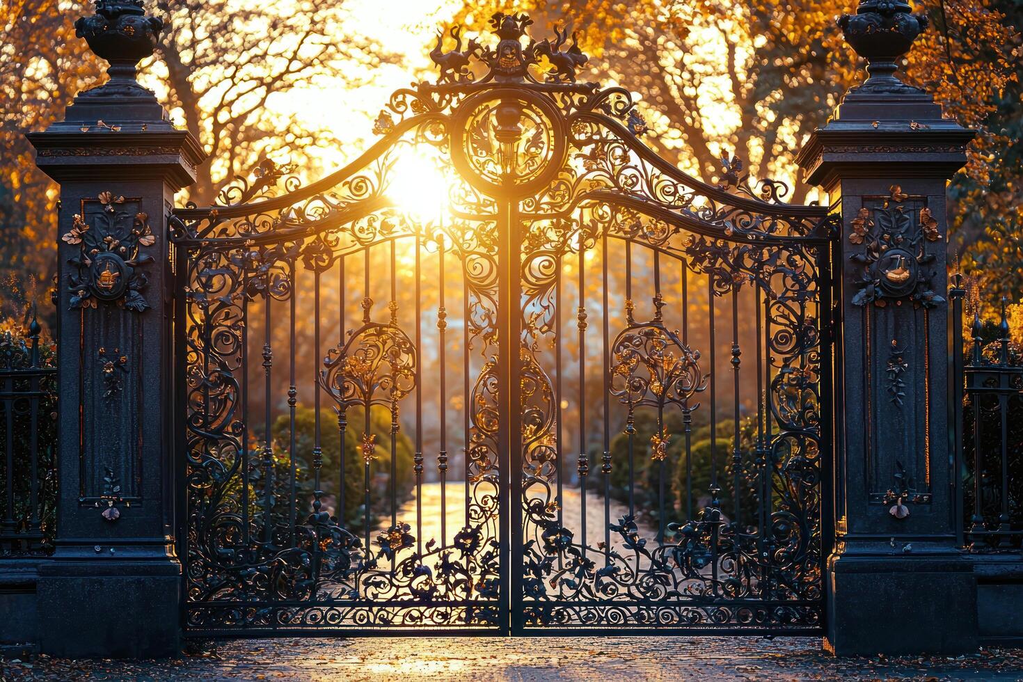 ornate wrought iron gate with intricate details glows warmly in golden sunlight, surrounded by lush trees and serene pathway photo