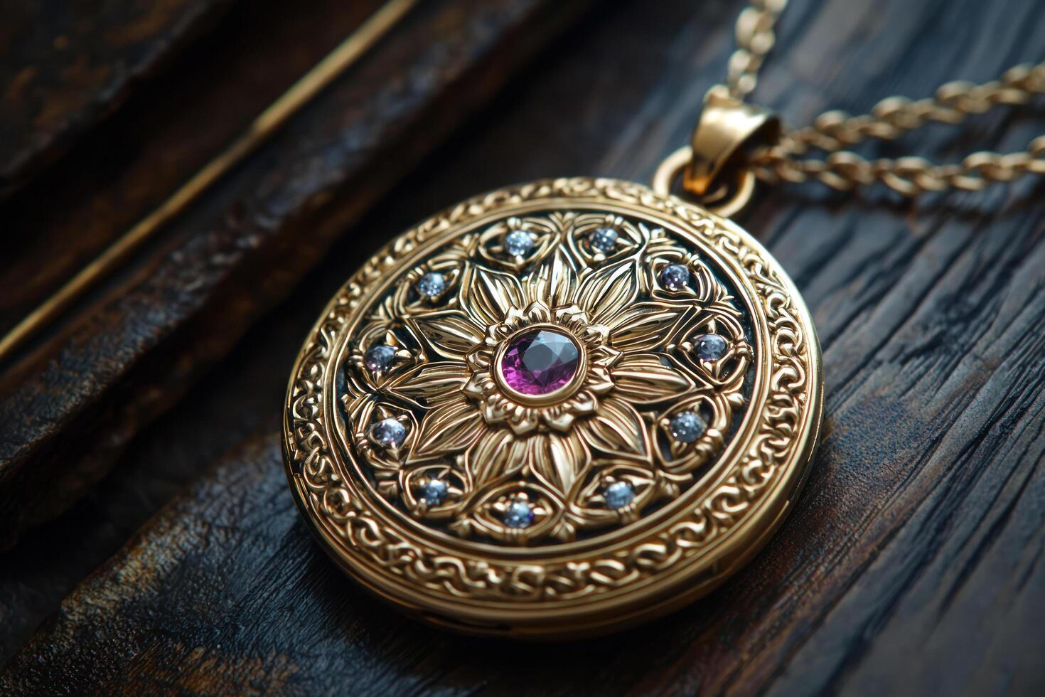 ornate gold locket with intricate floral patterns, adorned with central ruby and surrounding gemstones, resting wooden surface photo