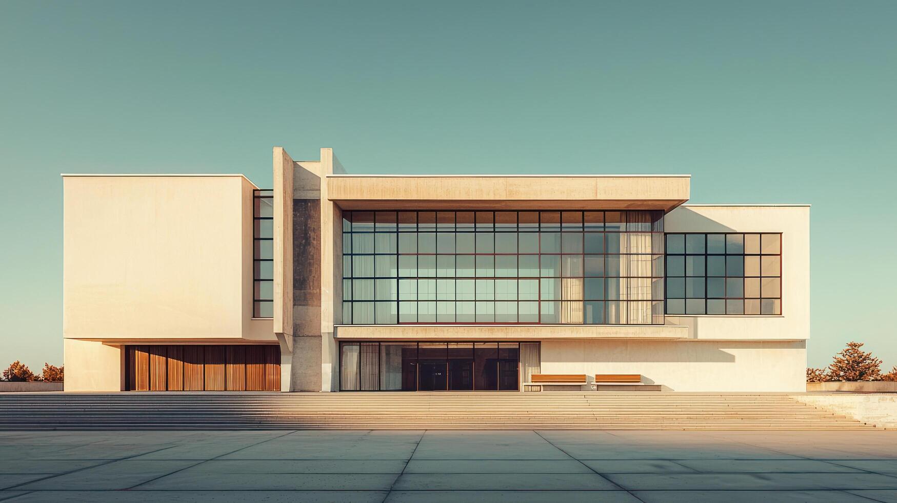 modern building with Bauhaus inspired design features clean lines, large glass windows, and minimalist architecture clear sky photo