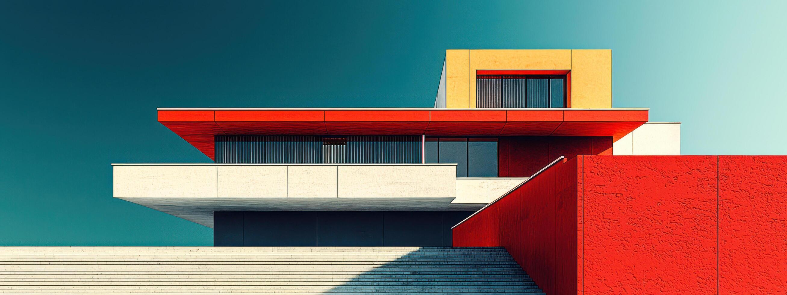 modern Bauhaus inspired building with bold geometric shapes and vibrant red, yellow, and white colors under clear blue sky photo