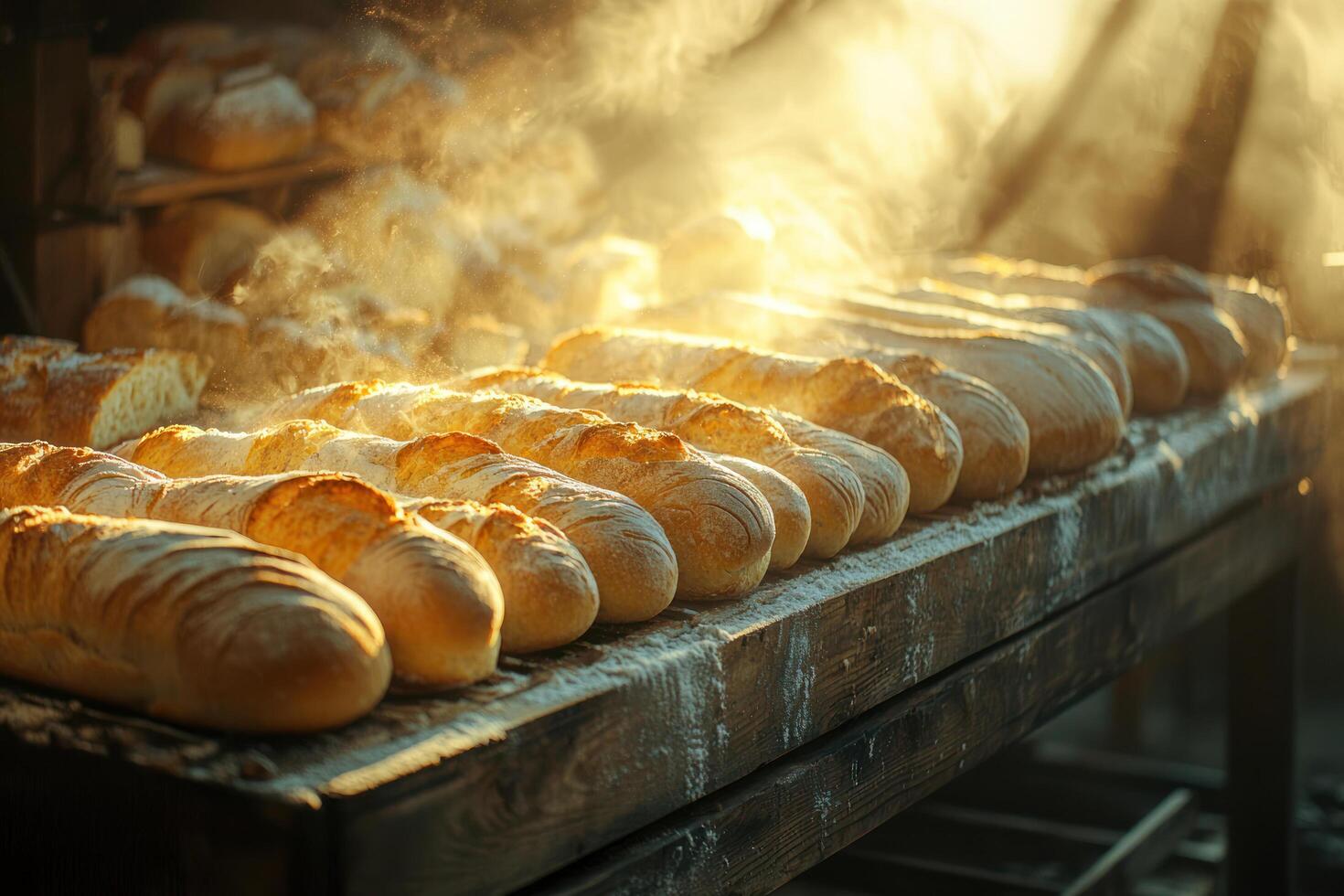 Freshly baked artisanal bread on wooden table, bathed in warm sunlight, with steam rising, creating cozy and inviting atmosphere photo