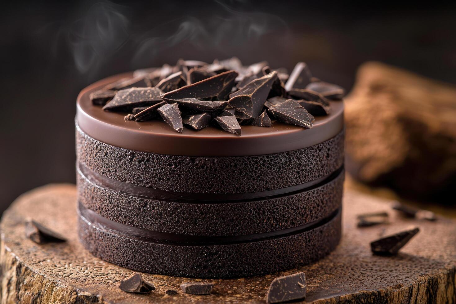 decadent artisanal chocolate cake with rich layers, topped with dark chocolate shards, placed on rustic wooden surface for cozy ambiance photo