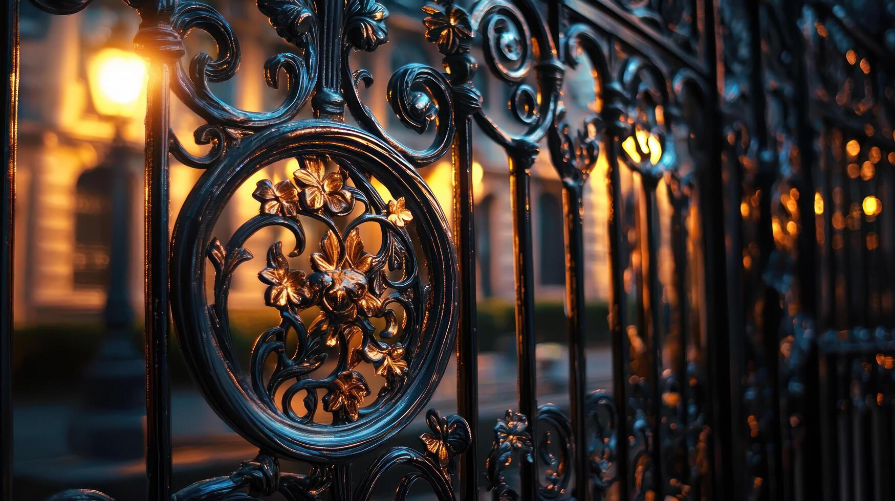 ornate wrought iron gate with intricate floral patterns glows warmly under soft streetlights, creating timeless ambiance photo