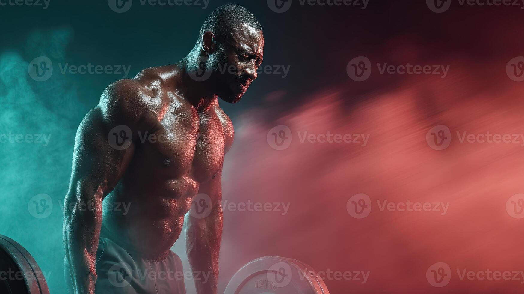 muscular man lifting weights in gym, showcasing strength and fitness with dramatic red and teal lighting effect photo
